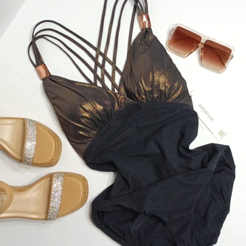 Strappy Shimmer One Piece Swimsuit Rose Gold Metalic